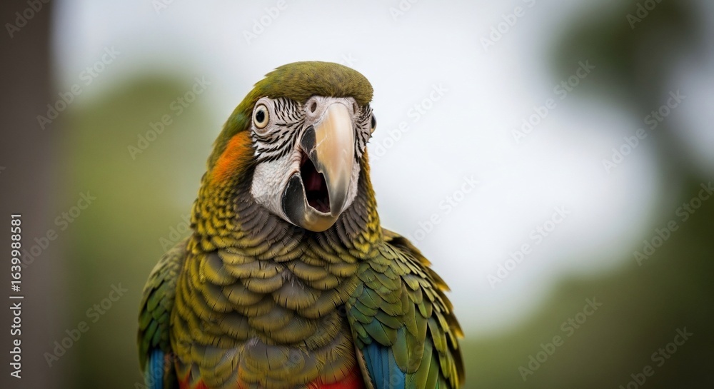 Fototapeta premium Expressive Green Macaw Parrot with Open Beak and Wide Eyes