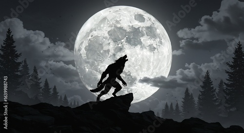 A silhouetted werewolf howls on a rocky peak under a full moon framed by trees and clouds