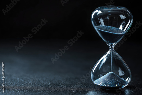Modern hourglass on black background. Hourglass time concept for business deadline, urgency and outcome of time