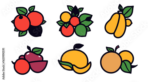 A collection of stylized fruit icons, showcasing various types of berries, citrus fruits, and stone fruit in a vibrant, simplistic design.