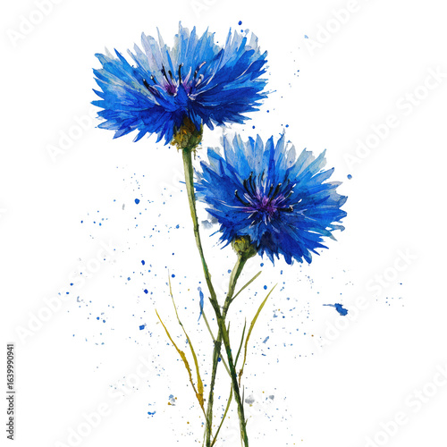 Two vibrant, deep blue cornflowers stand out against a background of smaller, scattered, light blue details.  The flowers are detailed, with visible petals and centers. 