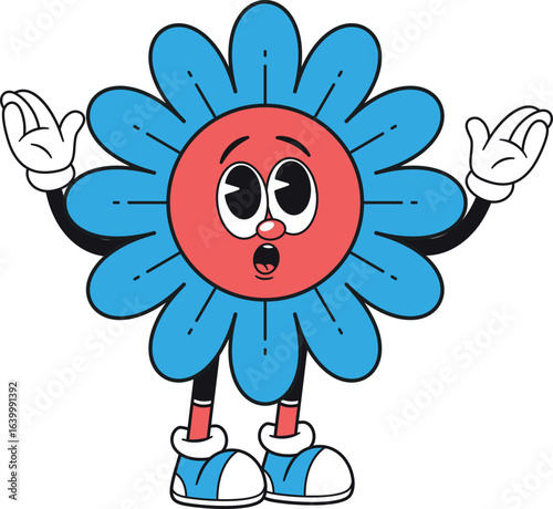 Shocked blue daisy flower mascot