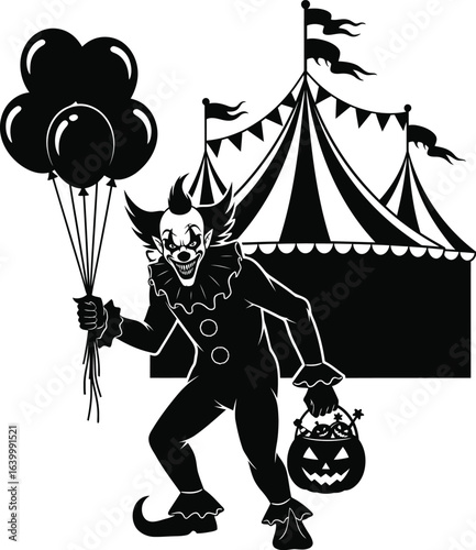 Halloween silhouette vector design vector art of a creepy clown with balloons and a pumpkin bag standing in front of a circus tent, isolated on white background eps
