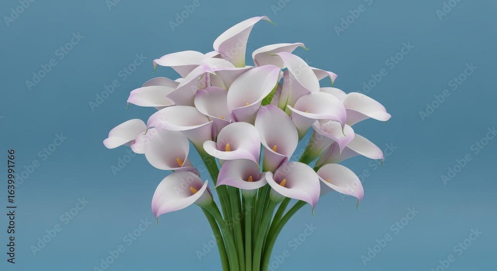 Obraz premium Delicate light pink calla lily bouquet against a serene blue background