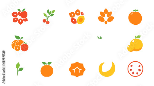 Collection of stylized fruit icons; oranges, cranberries, and other citrus fruits depicted in simple, flat designs.