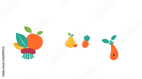 A vibrant collection of stylized fruits and vegetables, including an orange, pear, pineapple, beetroot, and a halved pear.