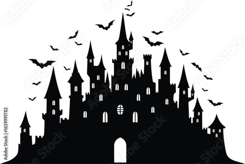 Halloween silhouette vector design vector art of spooky silhouette of a haunted castle with bats flying around isolated on white background eps