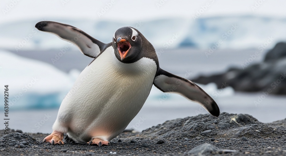 Fototapeta premium Gentoo Penguin with Open Mouth, Wings Outspread on Antarctic Shore