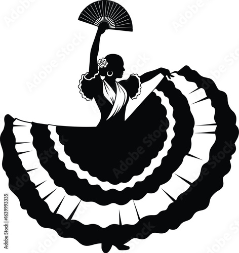 Hispanic heritage month usa silhouette vector art of black and white silhouette of a flamenco dancer in a dress holding a fan, isolated on white background, showcasing spanish culture eps
