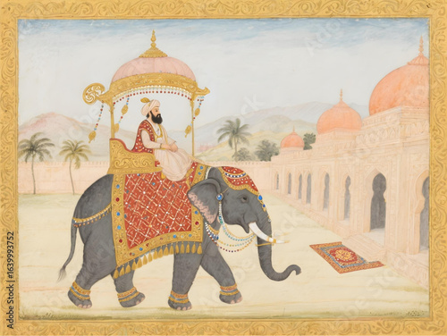 Ancient Mughal emperor vector art riding an ornate elephant before a grand castle with lush trees, in majestic vintage wall mural illustration