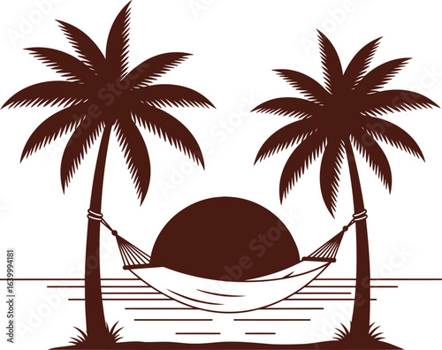 Hispanic heritage month usa silhouette vector art of tropical beach scene isolated on white background, featuring palm trees and a hammock for ultimate relaxation and vacation vibes eps
