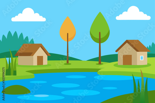 Cartoon vector illustration of a village landscape with a charming cottage, green grass, and a bright summer sky