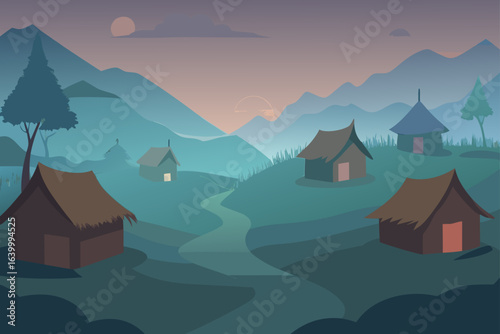 Mountain house in an idyllic winter landscape with snow-covered trees and a cloudy sky