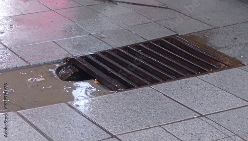 Urban drain overflow on tiled surface