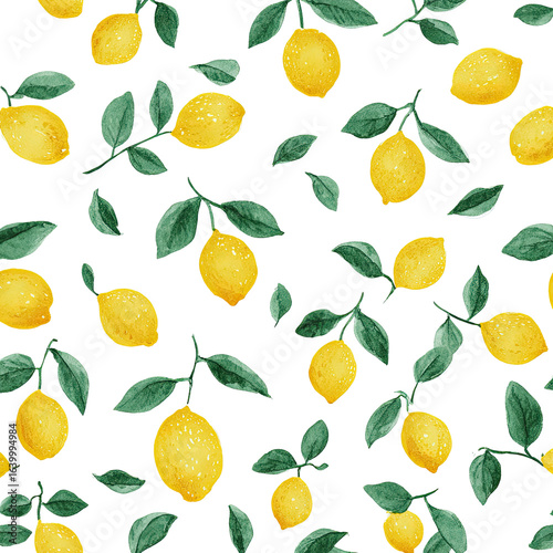 A repeating pattern of yellow lemons with green leaves on a black background.  Hand-drawn style with a watercolor effect