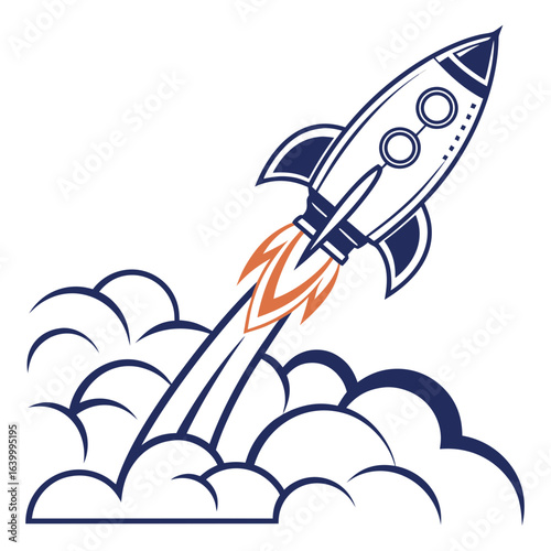 "Startup Rocket Launch Vector – Spaceship Taking Off with Smoke Trails for Business Growth, Innovation, and Tech Ventures"