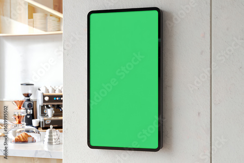 A vertical digital display with a blank green screen mounted on a wall in a modern coffee shop.