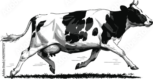 A black and white sketch of a Holstein dairy cow running in profile