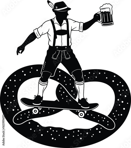 Oktoberfest silhouette design vector art of oktoberfest reveler on a skateboard riding a pretzel while holding a beer isolated on white background eps