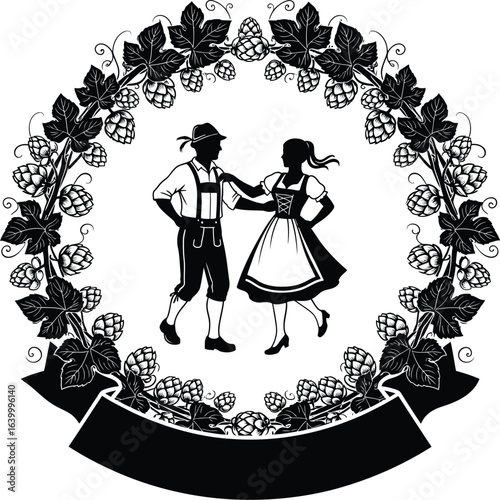 Oktoberfest silhouette design vector art of oktoberfest themed design isolated on white background featuring a dancing couple in traditional attire surrounded by a hop wreath eps