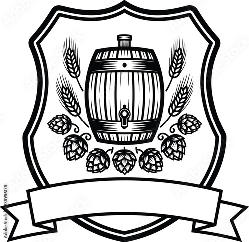 Oktoberfest silhouette design vector art of oktoberfest shield emblem with beer barrel, wheat, and hops isolated on white background eps