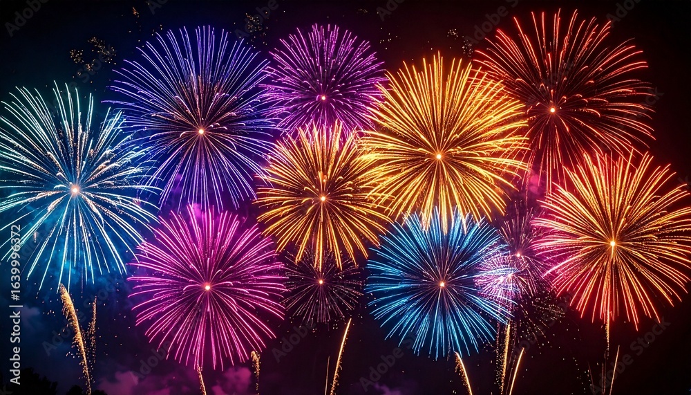 Naklejka premium Fireworks Show with Multicolored Bursts