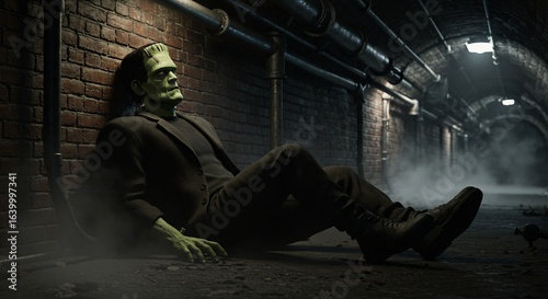 Frankensteins monster rests against a brick wall in a dark arched tunnel
