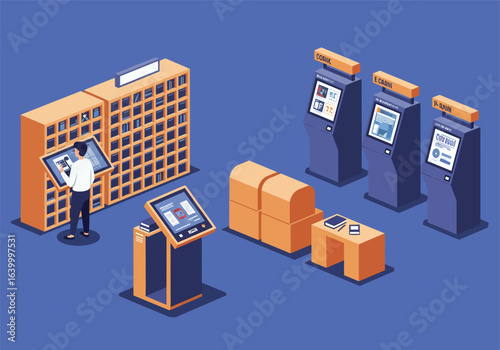 A person interacts with a futuristic digital library system, featuring self-service kiosks and an automated book retrieval wall. Isometric concept.