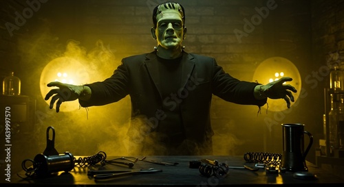 Frankensteins monster stands over a table of tools in a laboratory setting illuminated by two round lights