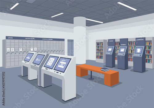 Interior of a modern automated library featuring self-service checkout kiosks, digital information terminals, and smart locker systems.