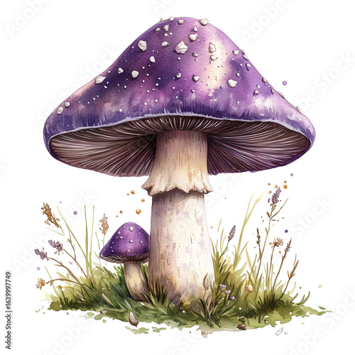 Purple Fantasy Mushroom with Grass and Flowers Illustration Clipart PNG