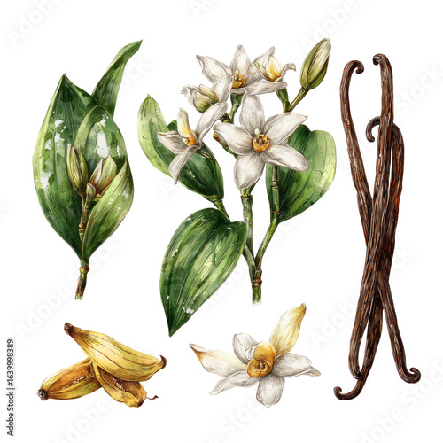 Fototapeta Naklejka Na Ścianę i Meble -  Hand-drawn illustration of vanilla plant components