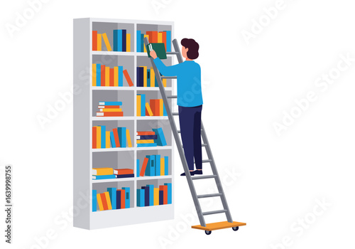 A person on a stepladder reaching for a book on a tall white bookcase, organizing a personal collection in a home library setting