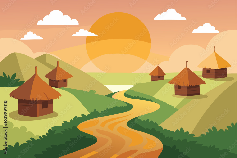 Fototapeta premium Country rural landscape with a small house, trees, and sky