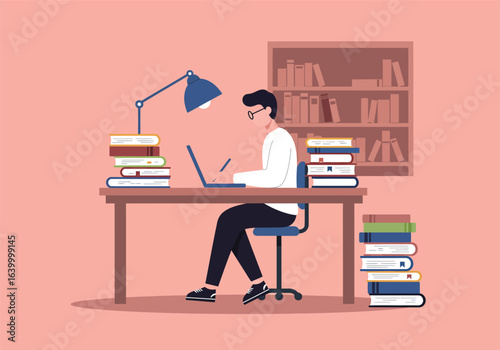 Young man studying with a laptop and books in a cozy home office, creating a personal library for diligent online learning and research.