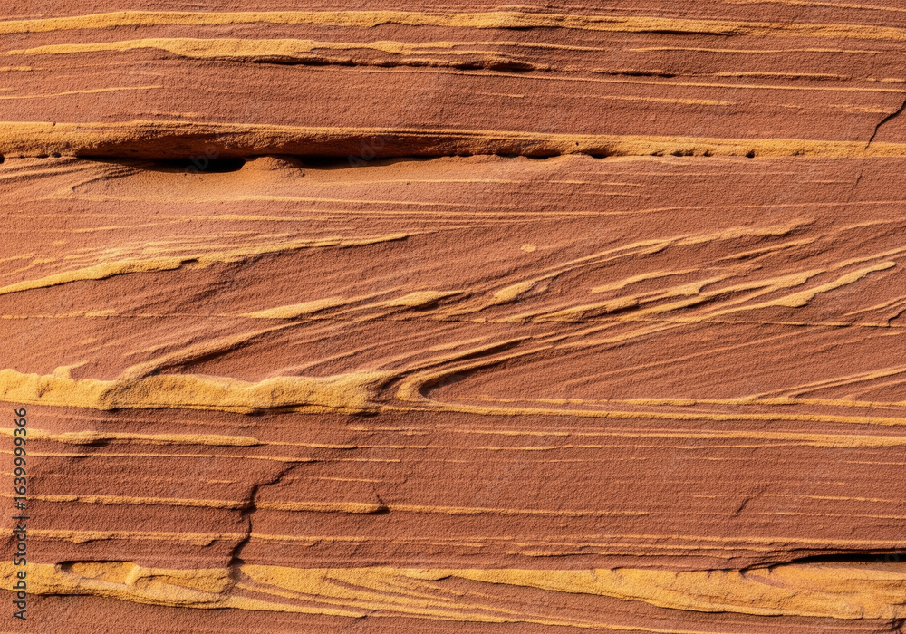 Naklejka premium A close-up, detailed texture of a layered red sandstone rock formation, showing natural lines and a rough, sandy surface.