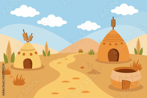 Vector illustration of an ancient temple with a sand castle in a desert landscape at sunset