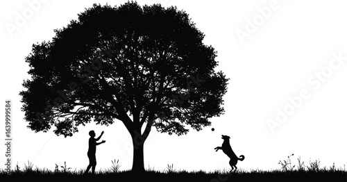 Silhouette of child playing fetch with dog under large tree, grassy field, outdoor nature scene, pet and kid activity concept