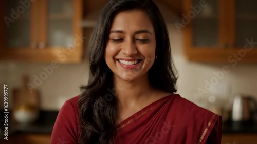 Wallpaper Mural Woman with dark hair wearing a red sari is centrally framed in a warmtoned domestic setting Torontodigital.ca