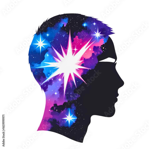 Silhouette of a human head filled with a vibrant nebula and bright stars representing imagination and cosmic thought