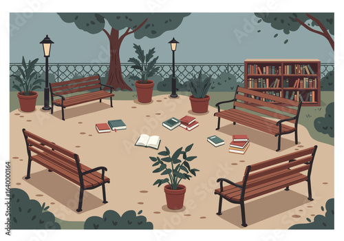 An idyllic outdoor library scene peaceful park with comfortable benches, lush plants, and scattered books, creating a serene reading spot.