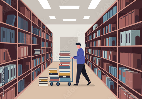 A diligent male student or librarian pushing a cart stacked high with books through a spacious public library archive for study.