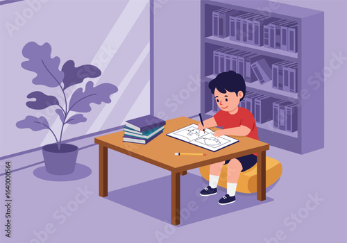 Illustration of a child's hobby, a young student drawing in a sketchbook in the calm and studious atmosphere of a home library
