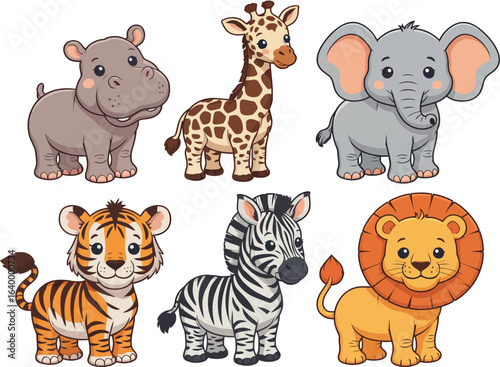 Adorable cartoon safari animals collection for kids. Vector set with lion, tiger, elephant, and giraffe.