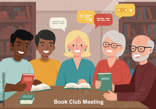 Happy people of different ages reading and talking at a book club meeting, fostering community in a welcoming library.