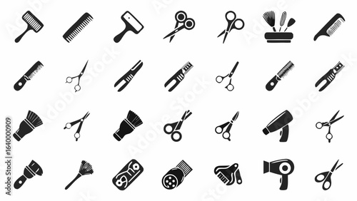 Illustration of various black and white barber and hairdressing tools including combs scissors and hair dryers silhouette