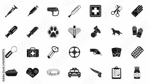 Illustration of various medical and veterinary tools and supplies in black and white silhouette style