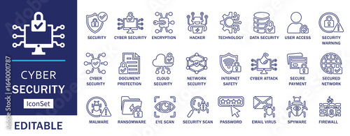 Cyber security outline icon set showing encryption, hacker, firewall, and data protection symbols.
