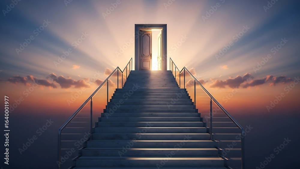 Obraz premium A majestic staircase ascends to an open door glowing with golden light, symbolizing business opportunity, ambition, and the journey toward success. Perfect for leadership and growth-focused visuals.
