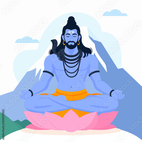 Blue-skinned Hindu god Lord Shiva meditating in lotus pose with a cobra and Rudraksha beads.